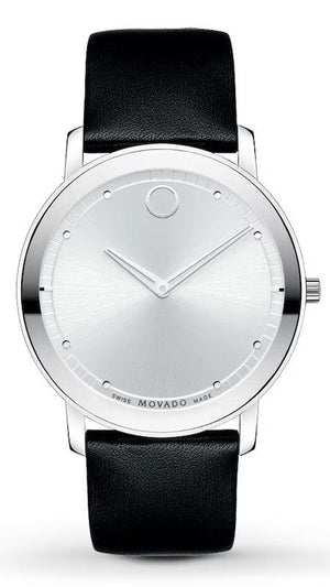 Movado Sapphire Silver Dial Black Leather Strap Watch for Men - 606694 Authentic Buy Shop Now