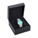 Versace V-Auria Quartz Turquoise Dial Silver Steel Strap Watch for Women - VE0F00225 Authentic Buy Shop Now