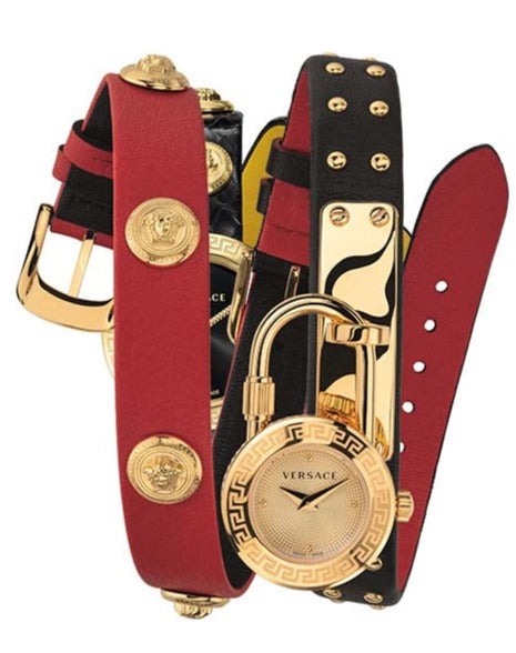 Versace Medusa Lock Icon Gold Dial Red Leather Strap Watch for Women - VEDW00119 Authentic Buy Shop Now