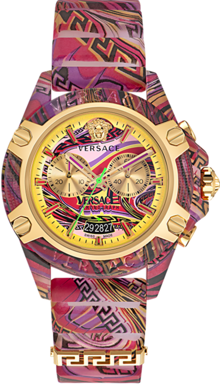 Versace Icon Active Chronograph Quartz Gold Dial Red Leather Strap Watch For Men - VEZ701222 Authentic Buy Shop Now