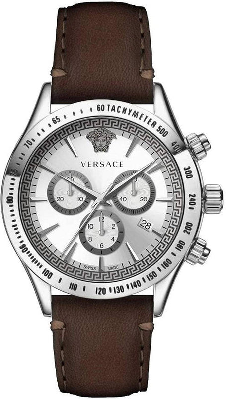 Versace Classic Chronograph Quartz Silver Dial Brown Leather Strap Watch For Men - VEV700119 Authentic Buy Shop Now