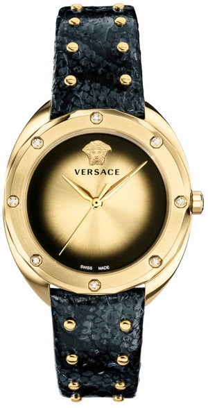 Versace Shadov Quartz Gold Dial Black Leather Strap Watch for Women - VEBM01118 Authentic Buy Shop Now