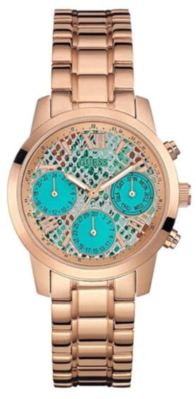 Guess Mini Sunrise Multi Function Analog Turquoise Dial Rose Gold Steel Strap Watch For Women - W0448L8 Authentic Buy Shop Now