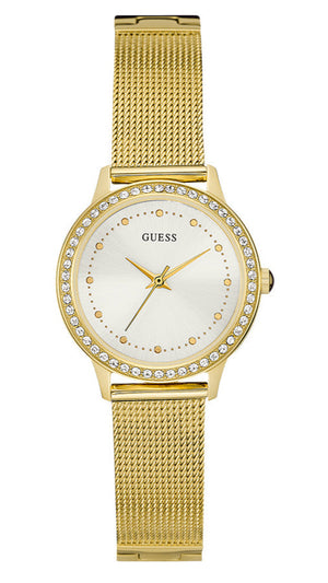 Guess Chelsea Crystals Mother of Pearl White Dial Gold Mesh Bracelet Watch For Women - W0647L7 Authentic Buy Shop Now