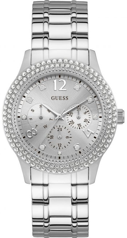 Guess Bedazzle Diamonds Silver Dial Silver Steel Strap Watch For Women - W1097L1 Authentic Buy Shop Now