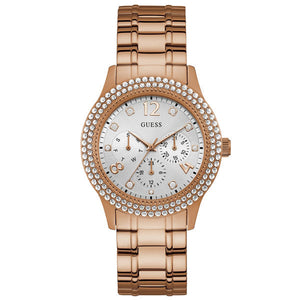 Guess Bedazzle Diamonds Silver Dial Rose Gold Steel Strap Watch For Women - W1097L3 Authentic Buy Shop Now