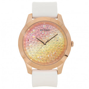 Guess Crush Crystals Gold Dial White Rubber Strap Watch for Women - W1223L3 Authentic Buy Shop Now