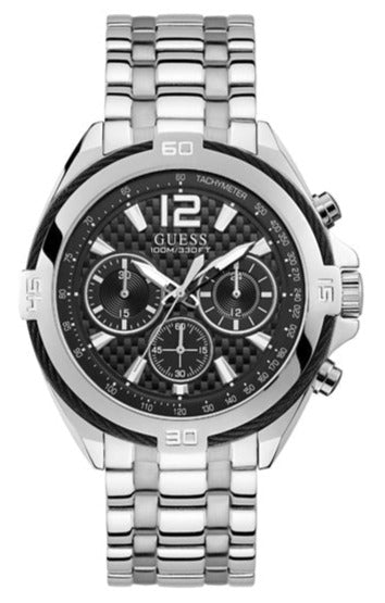 Guess Surge Chronograph Black Dial Silver Steel Strap Watch for Men - W1258G1 Authentic Buy Shop Now
