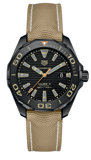 Tag Heuer Aquaracer 300 Calibre 5 Automatic Black Dial Brown Nylon Strap Watch for Men - WAY208C.FC6383 Authentic Buy Shop Now