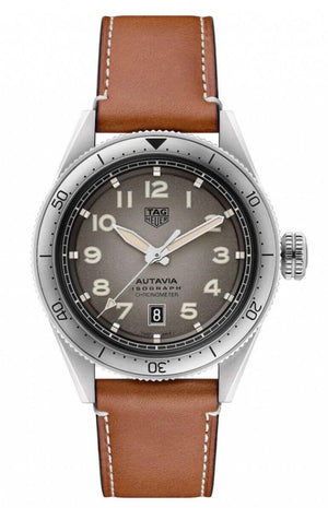 Tag Heuer Autavia Isograph Grey Dial Calfskin Brown Leather Strap Watch for Men - WBE5111.FC8267 Authentic Buy Shop Now
