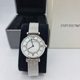 Emporio Armani Gianni T-Bar Quartz Mother of Pearl Dial Silver Mesh Bracelet Watch For Women - AR11319 Authentic Buy Shop Now