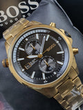 Hugo Boss Globetrotter Chronograph Black Dial Gold Steel Strap Watch for Men - 1513932 Authentic Buy Shop Now