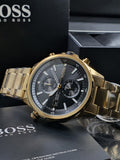 Hugo Boss Globetrotter Chronograph Black Dial Gold Steel Strap Watch for Men - 1513932 Authentic Buy Shop Now