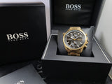 Hugo Boss Globetrotter Chronograph Black Dial Gold Steel Strap Watch for Men - 1513932 Authentic Buy Shop Now