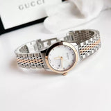 Gucci G Timeless Diamonds Mother of Pearl Dial Two Tone Mesh Bracelet Watch For Women - YA126514 Authentic Buy Shop Now