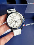 Tommy Hilfiger Bank Chronograph White Dial White Rubber Strap Watch for Men - 1791723 Authentic Buy Shop Now