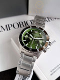 Emporio Armani Three Hand Green Dial Silver Steel Strap Watch For Men - AR11338 Authentic Buy Shop Now