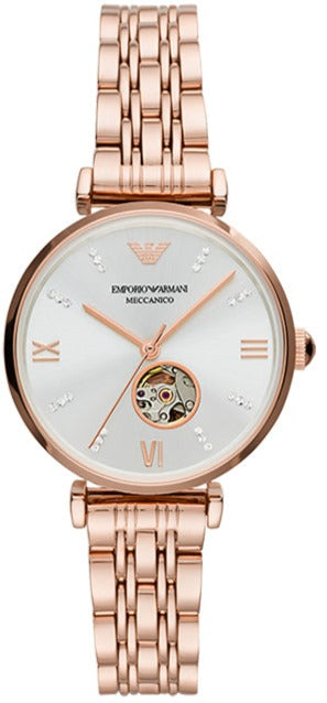 Emporio Armani Gianni T-Bar Silver Dial Rose Gold Steel Strap Watch For Women - AR60023 Authentic Buy Shop Now