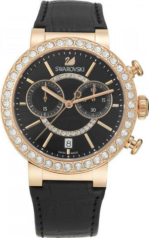 Swarovski Citra Sphere Chronograph Black Dial Black Leather Strap Watch for Women - 5055209 Authentic Buy Shop Now