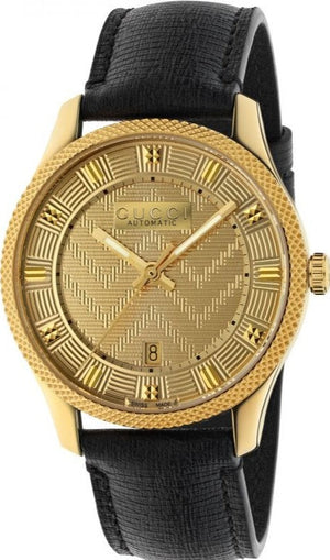 Gucci Eryx Automatic Chevron Gold Dial Black Leather Strap Watch For Men - YA126340 Authentic Buy Shop Now
