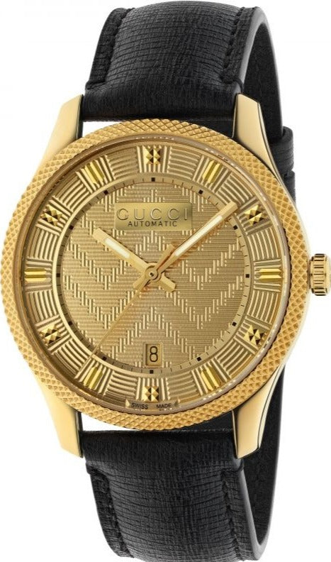 Gucci Eryx Automatic Chevron Gold Dial Black Leather Strap Watch For Men - YA126340 Authentic Buy Shop Now