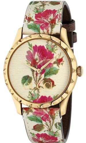 Gucci G Timeless Floral Gold Dial White Leather Strap Watch For Women - YA1264084 Authentic Buy Shop Now