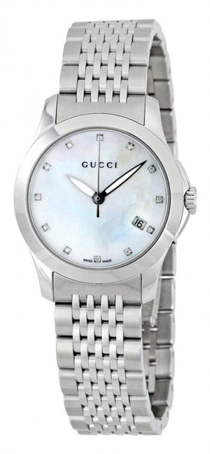 Gucci G Timeless Diamonds Mother of Pearl Dial Silver Steel Strap Watch For Women - YA126504 Authentic Buy Shop Now