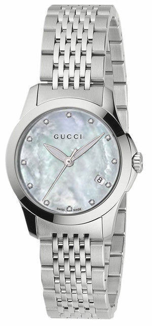 Gucci G Timeless Diamonds Mother of Pearl Dial Silver Steel Strap Watch For Women - YA126504 Authentic Buy Shop Now