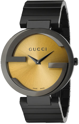 Gucci Interlocking G Quartz Gold Dial Black Steel Strap Watch For Women - YA133314 Authentic Buy Shop Now