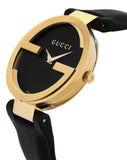Gucci Interlocking G Gold Black Dial Black Leather Strap Unisex Watch - YA133326 Authentic Buy Shop Now