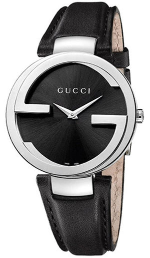 Gucci G Interlocking Black Dial Black Leather Strap Watch For Women - YA133501 Authentic Buy Shop Now