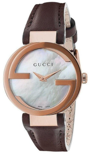 Gucci G Interlocking Mother of Pearl Dial Brown Leather Strap Watch For Women - YA133516 Authentic Buy Shop Now