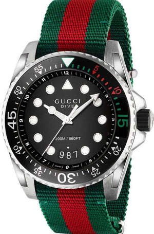 Gucci Dive Black Dial Red & Green Nylon Strap Watch For Men - YA136209 Authentic Buy Shop Now