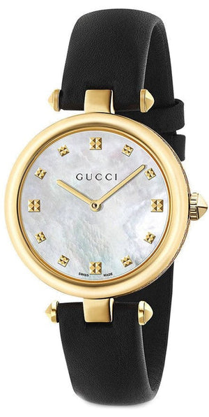 Gucci Diamantissima Quartz Mother of Pearl Dial Black Leather Strap Watch for Women - YA141404 Authentic Buy Shop Now