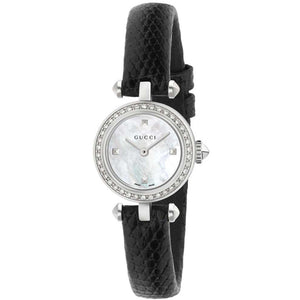 Gucci Diamantissima Diamonds Mother of Pearl Dial Black Leather Strap Watch For Women - YA141511 Authentic Buy Shop Now