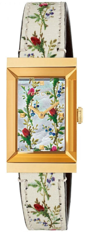 Gucci G-Frame Floral Mother of Pearl Dial White Leather Strap Watch For Women - YA147407 Authentic Buy Shop Now