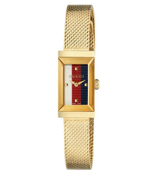 Gucci G Frame Quartz Diamonds White Red Blue Dial Gold Mesh Bracelet Watch For Women - YA147511 Authentic Buy Shop Now