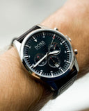 Hugo Boss Pioneer Chronograph Black Dial Black Leather Strap Watch For Men - 1513708 Authentic Buy Shop Now