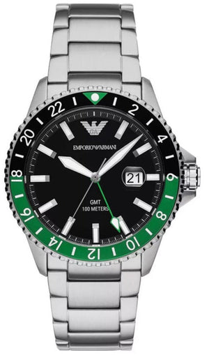 Emporio Armani Sea Explorer GMT Quartz Black Dial Silver Steel Strap Watch For Men - AR11589 Authentic Buy Shop Now