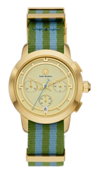 Tory Burch The Tory Chronograph White Dial Two Tone NATO Strap Watch for Women - TBW1037 Authentic Buy Shop Now