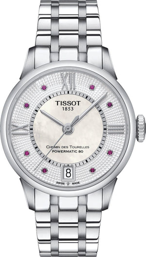 Tissot Chemin Des Tourelles Powermatic 80 Rubies Mother of Pearl Dial Silver Steel Strap Watch For Women - T099.207.11.113.00 Authentic Buy Shop Now