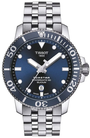 Tissot T Sport Seastar 1000 Powermatic Silicium Blue Dial Silver Steel Strap Watch For Men - T120.407.11.041.01 Authentic Buy Shop Now