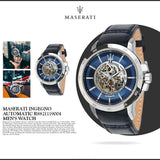 Maserati Ingegno Automatic Blue Skeleton Dial Black Leather Strap Watch For Men - R8821119004 Authentic Buy Shop Now