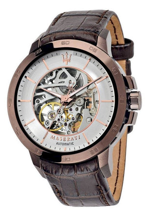 Maserati Ingegno Automatic White Skeleton Dial Brown Leather Strap Watch For Men - R8821119003 Authentic Buy Shop Now