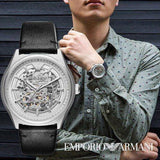 Emporio Armani Meccanico White Skeleton Dial Black Leather Strap Watch For Men - AR60003 Authentic Buy Shop Now