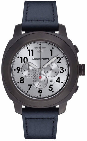 Emporio Armani Sportivo Chronograph Silver Dial Blue Leather Strap Watch for Men - AR6086 Authentic Buy Shop Now