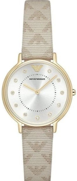Emporio Armani Kappa Quartz Silver Dial Beige Leather Strap Watch For Women - AR11042 Authentic Buy Shop Now