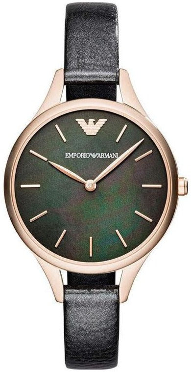 Emporio Armani Aurora Mother Of Pearl Black Dial Black Leather Strap Watch For Women - AR11056 Authentic Buy Shop Now