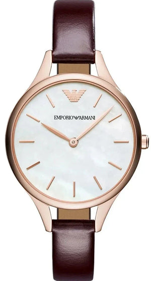 Emporio Armani Aurora Mother of Pearl White Dial Brown Leather Strap Watch For Women - AR11057 Authentic Buy Shop Now