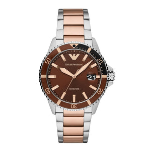 Emporio Armani Diver Quartz Brown Dial Two Tone Steel Strap Watch For Men - AR11340 Authentic Buy Shop Now